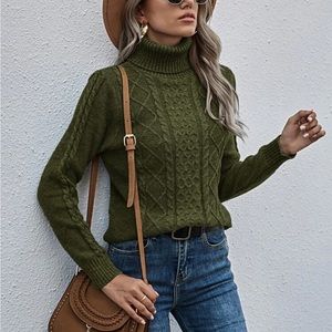SHEIN Army Green Cable Knit Turtleneck Sweater